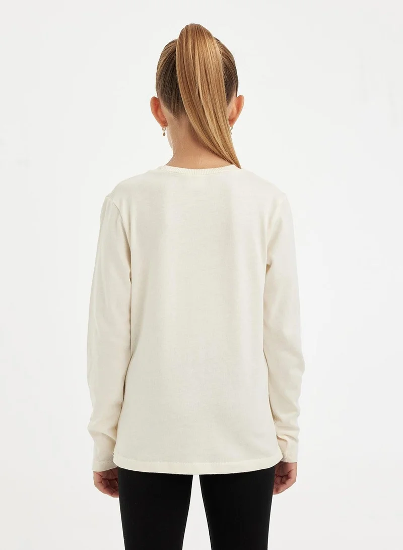 ديفاكتو تيشيرت بأكمام طويلة مطبوع بياقة دائرية بقصة مريحة